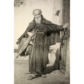 ANTICA ACQUAFORTE STAMPA INCISIONE C. Turletti "Andiam pel mondo" RITRATTO FRATE