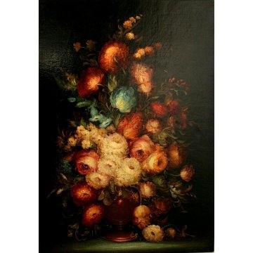 ANTICO GRANDE DIPINTO COPIA D'AUTORE NATURA MORTA VASO FIORI DALIE EPOCA '900