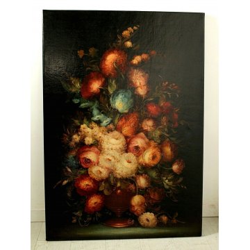 ANTICO GRANDE DIPINTO COPIA D'AUTORE NATURA MORTA VASO FIORI DALIE EPOCA '900