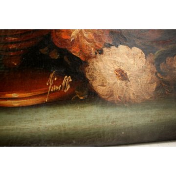 ANTICO GRANDE DIPINTO COPIA D'AUTORE NATURA MORTA VASO FIORI DALIE EPOCA '900
