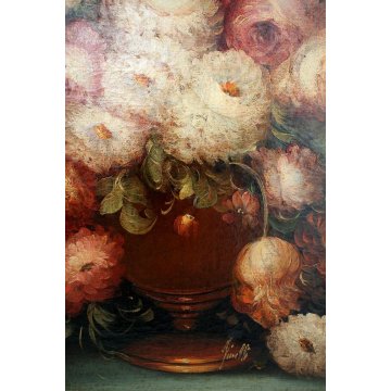 ANTICO GRANDE DIPINTO COPIA D'AUTORE NATURA MORTA VASO FIORI DALIE EPOCA '900