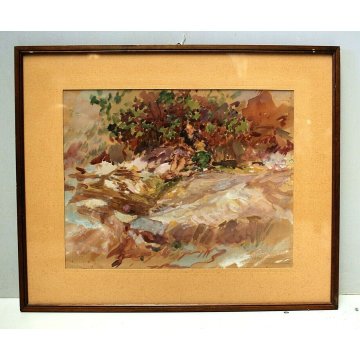 ANTICO QUADRO ACQUERELLO Mazzoni Giuseppe RAGAZZA SEDUTA OMBRA CESPUGLI SPIAGGIA