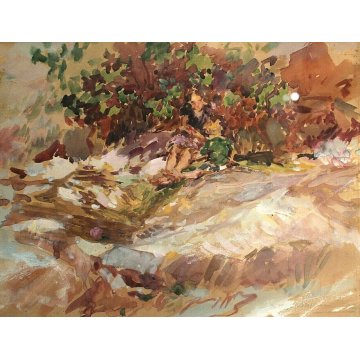 ANTICO QUADRO ACQUERELLO Mazzoni Giuseppe RAGAZZA SEDUTA OMBRA CESPUGLI SPIAGGIA