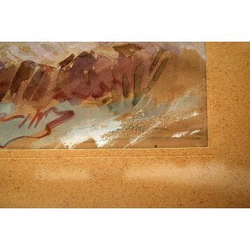 ANTICO QUADRO ACQUERELLO Mazzoni Giuseppe RAGAZZA SEDUTA OMBRA CESPUGLI SPIAGGIA