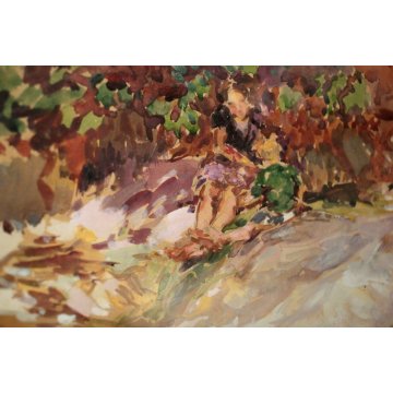ANTICO QUADRO ACQUERELLO Mazzoni Giuseppe RAGAZZA SEDUTA OMBRA CESPUGLI SPIAGGIA