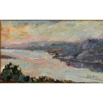 PICCOLO QUADRO OLIO Carlo Farioli PAESAGGIO Mattino sul Lago Maggiore STRESA 97