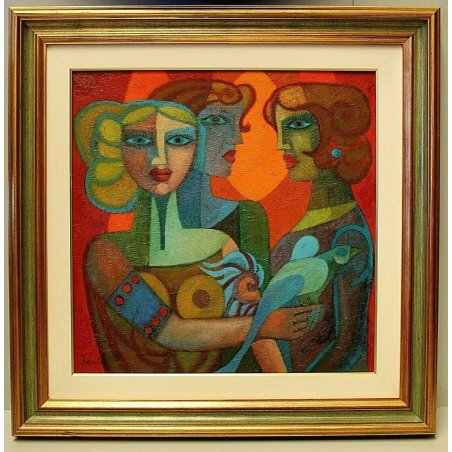 QUADRO OLIO TELA Renato Fiorillo ASTRATTO GEOMETRICO FIGURE FEMMINILI UCCELLO