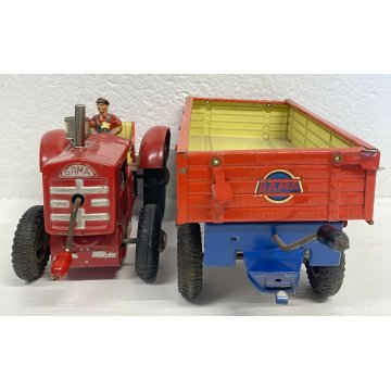 TRATTORE GIOCO LATTA GAMA ANNI 50 RIMORCHIO GARMANY U.S.ZONE VINTAGE MODELLINO