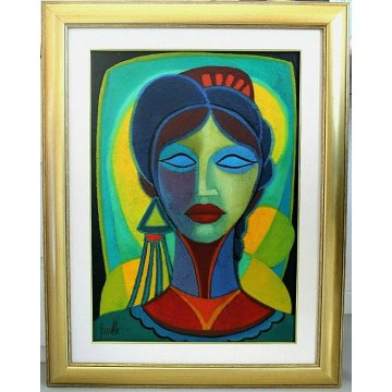 QUADRO OLIO TELA Renato Fiorillo ASTRATTO GEOMETRICO RITRATTO DONNA FIGURA '900