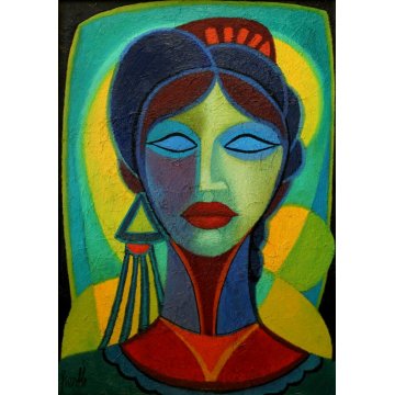 QUADRO OLIO TELA Renato Fiorillo ASTRATTO GEOMETRICO RITRATTO DONNA FIGURA '900