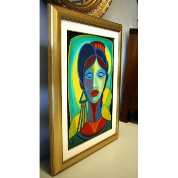 QUADRO OLIO TELA Renato Fiorillo ASTRATTO GEOMETRICO RITRATTO DONNA FIGURA '900