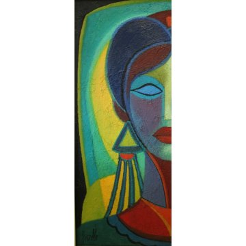 QUADRO OLIO TELA Renato Fiorillo ASTRATTO GEOMETRICO RITRATTO DONNA FIGURA '900