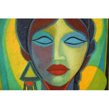 QUADRO OLIO TELA Renato Fiorillo ASTRATTO GEOMETRICO RITRATTO DONNA FIGURA '900