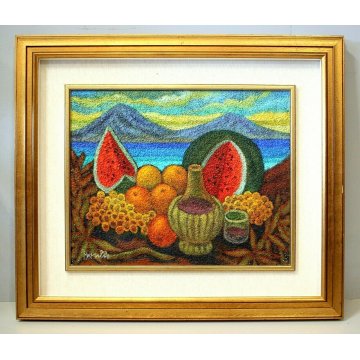 QUADRO TECNICA MISTA TELA Renato Fiorillo ASTRATTO NATURA MORTA FRUTTA NAPOLI 