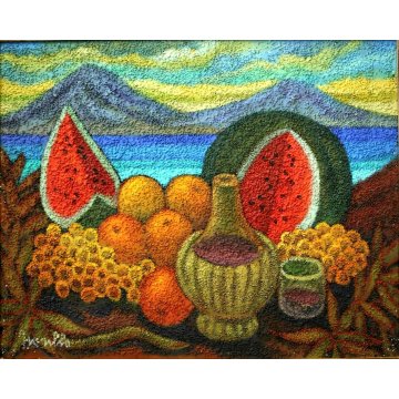 QUADRO TECNICA MISTA TELA Renato Fiorillo ASTRATTO NATURA MORTA FRUTTA NAPOLI 