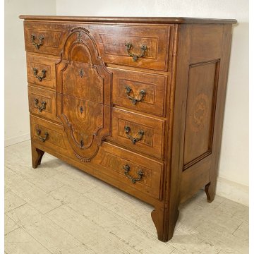 ANTICO COMÒ CANTERANO INTARSIATO LEGNO NOCE 4 CASSETTI 1700 MOBILE CASSETTONE 