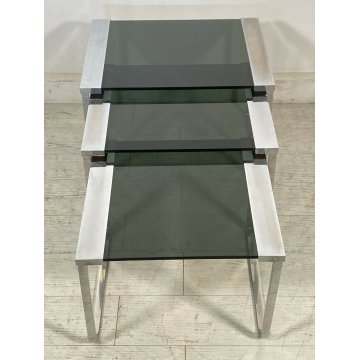 SET 3 TAVOLINI VINTAGE ACCIAIO CROMATO VETRO TABLE DESIGN MID CENTURY ANNI 70 