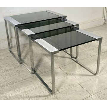 SET 3 TAVOLINI VINTAGE ACCIAIO CROMATO VETRO TABLE DESIGN MID CENTURY ANNI 70 