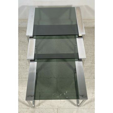 SET 3 TAVOLINI VINTAGE ACCIAIO CROMATO VETRO TABLE DESIGN MID CENTURY ANNI 70 