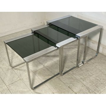 SET 3 TAVOLINI VINTAGE ACCIAIO CROMATO VETRO TABLE DESIGN MID CENTURY ANNI 70 
