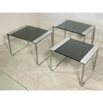SET 3 TAVOLINI VINTAGE ACCIAIO CROMATO VETRO TABLE DESIGN MID CENTURY ANNI 70 