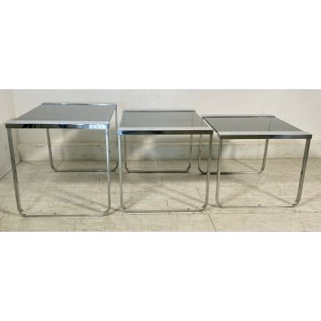 SET 3 TAVOLINI VINTAGE ACCIAIO CROMATO VETRO TABLE DESIGN MID CENTURY ANNI 70 