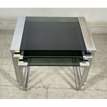 SET 3 TAVOLINI VINTAGE ACCIAIO CROMATO VETRO TABLE DESIGN MID CENTURY ANNI 70 