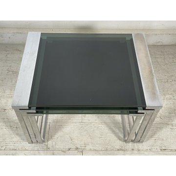 SET 3 TAVOLINI VINTAGE ACCIAIO CROMATO VETRO TABLE DESIGN MID CENTURY ANNI 70 