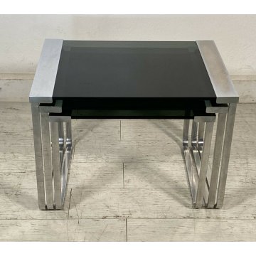 SET 3 TAVOLINI VINTAGE ACCIAIO CROMATO VETRO TABLE DESIGN MID CENTURY ANNI 70 