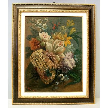 ANTICO DIPINTO OLIO Toma NATURA MORTA con FIORI BORSA PAGLIA GIGLIO PEONIA 1889