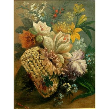 ANTICO DIPINTO OLIO Toma NATURA MORTA con FIORI BORSA PAGLIA GIGLIO PEONIA 1889