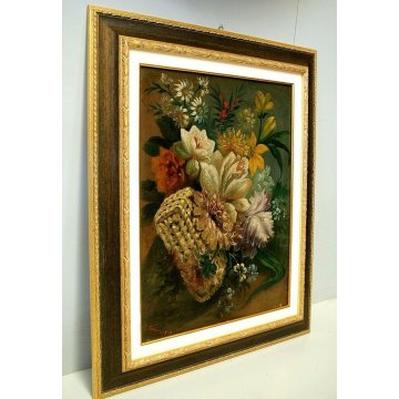 ANTICO DIPINTO OLIO Toma NATURA MORTA con FIORI BORSA PAGLIA GIGLIO PEONIA 1889