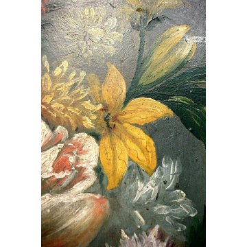 ANTICO DIPINTO OLIO Toma NATURA MORTA con FIORI BORSA PAGLIA GIGLIO PEONIA 1889