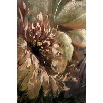 ANTICO DIPINTO OLIO Toma NATURA MORTA con FIORI BORSA PAGLIA GIGLIO PEONIA 1889