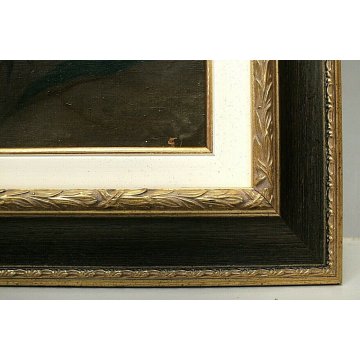 ANTICO DIPINTO OLIO Toma NATURA MORTA con FIORI BORSA PAGLIA GIGLIO PEONIA 1889