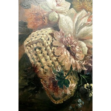 ANTICO DIPINTO OLIO Toma NATURA MORTA con FIORI BORSA PAGLIA GIGLIO PEONIA 1889