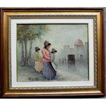 ANTICO QUADRO DIPINTO A. Pecoraro OLIO TELA PAESAGGIO FANCIULLE AUTO EPOCA  '900