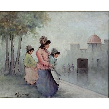 ANTICO QUADRO DIPINTO A. Pecoraro OLIO TELA PAESAGGIO FANCIULLE AUTO EPOCA  '900