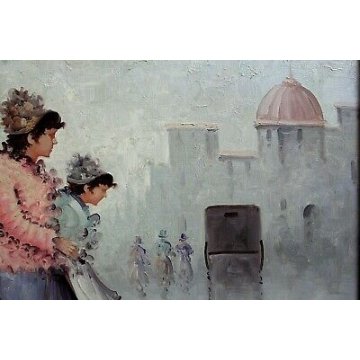 ANTICO QUADRO DIPINTO A. Pecoraro OLIO TELA PAESAGGIO FANCIULLE AUTO EPOCA  '900