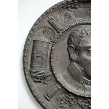 ANTICO PIATTO COMMEMORATIVO Centenario Alessandro Volta 1927 BASSORILIEVO BRONZO