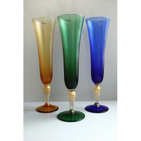 SET 3 BICCHIERI VETRO MURANO Venini CHAMPAGNE FLUTE SPIRALE MULTICOLORE ORO  