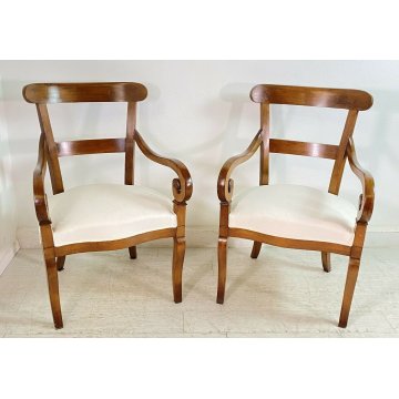 ANTICA COPPIA POLTRONA IMBOTTITA IMPERO EPOCA 1800 LEGNO NOCE STOFFA ARMCHAIR 
