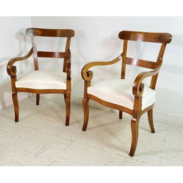 ANTICA COPPIA POLTRONA IMBOTTITA IMPERO EPOCA 1800 LEGNO NOCE STOFFA ARMCHAIR 