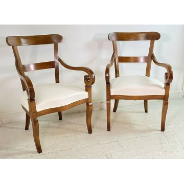ANTICA COPPIA POLTRONA IMBOTTITA IMPERO EPOCA 1800 LEGNO NOCE STOFFA ARMCHAIR 