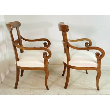 ANTICA COPPIA POLTRONA IMBOTTITA IMPERO EPOCA 1800 LEGNO NOCE STOFFA ARMCHAIR 