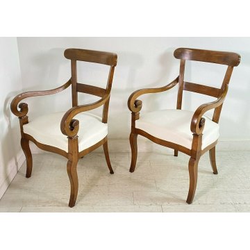 ANTICA COPPIA POLTRONA IMBOTTITA IMPERO EPOCA 1800 LEGNO NOCE STOFFA ARMCHAIR 