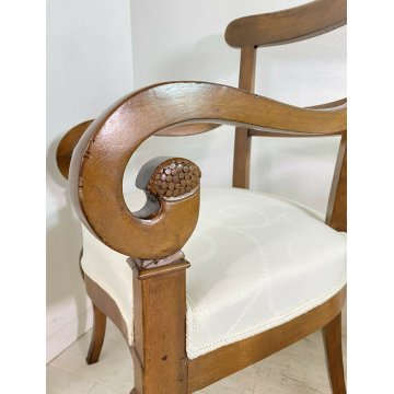 ANTICA COPPIA POLTRONA IMBOTTITA IMPERO EPOCA 1800 LEGNO NOCE STOFFA ARMCHAIR 