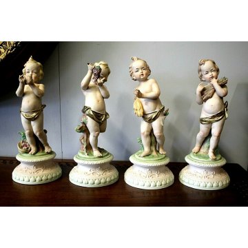 STATUETTE QUATTRO STAGIONI PUTTI CERAMICA BISCUIT CAPODIMONTE 26cm/h VINTAGE 900