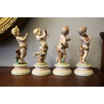 STATUETTE QUATTRO STAGIONI PUTTI CERAMICA BISCUIT CAPODIMONTE 26cm/h VINTAGE 900