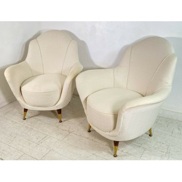 COPPIA POLTRONA DESIGN 1950s GAMBA OTTONE ARMCHAIR VINTAGE ANNI 50 STOFFA BIANCA